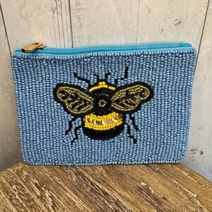 Beaded Blue Coin Purse Bees Bumblebee Summer Fun Womens Travel Pouch NEW!